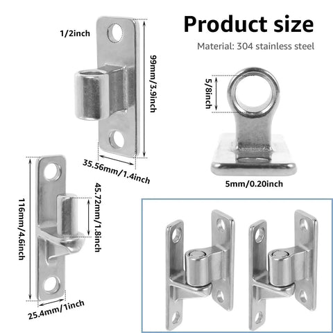 Detachable Five Eighths Inch Door Hinge Set For Frame Mount Heavy Duty Wall Mount Hinges 600 Pound Load Capacity Stainless Steel Construction Available In Two Or Four Piece Kits Includes Two Male And Two Female Hinges, showing measurements and hinge details.