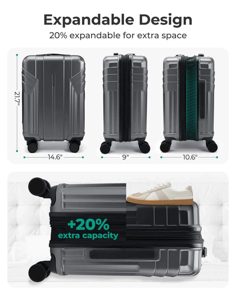 Expandable Carry On Luggage Airline Approved 22x14x9 Inches 35 Liter Capacity Ultra Lightweight 6.83 Lb 100 Percent Polycarbonate Hard Shell 20 Inch Spinner Wheels Waterproof Rolling Suitcase Gray showing expandable design for extra space.