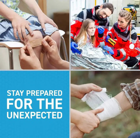 Collage of 200 Piece First Aid Kit Refill Pack usage: bandaging knee, emergency aid, wrapping arm, with "Stay Prepared" text.