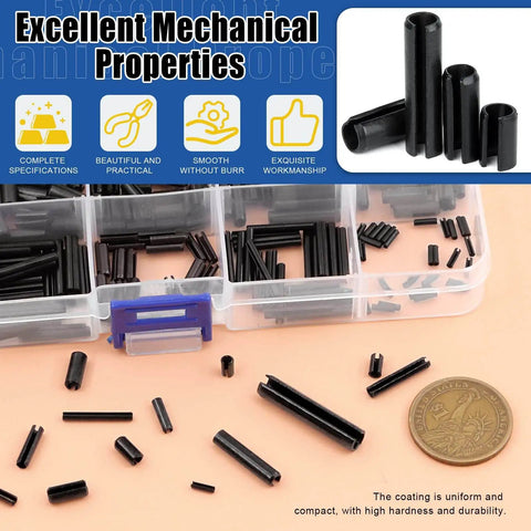 416 Piece Roll Pin Assortment Set M1.5 To M6, Black Finish, 65Mn Steel Durable Pins, 13 Sizes, Sorted In A Plastic Box