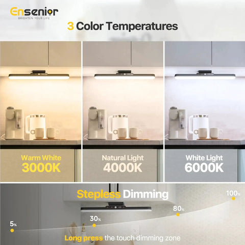 Rechargeable Motion Sensor Light Bar With 2000mAh Battery Dimmable Wireless Under Cabinet Lighting showing color temperatures