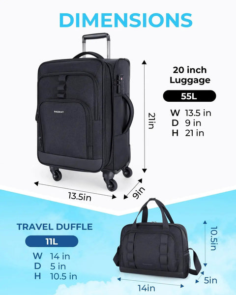 Expandable 20 Inch Carry On Luggage Airline Approved With Spinner Wheels Lightweight Carry On Suitcase For Family Travel Set Including Duffle Bag For Quick Access Front Pockets And Two Outside Compartments In Black BagSmart