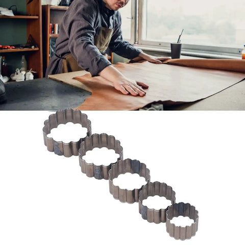 Five Piece Flower Shaped Leather Cutter Set With Alloy Steel Hollow Punch Tools Ranging From 30mm To 50mm shown in workshop