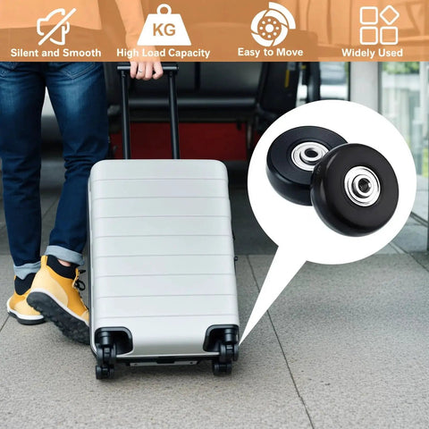 Person pulling suitcase with Set Of 8 Luggage Replacement Wheels With 50mm Rubber Swivel Casters For Suitcases And Travel Trolleys.