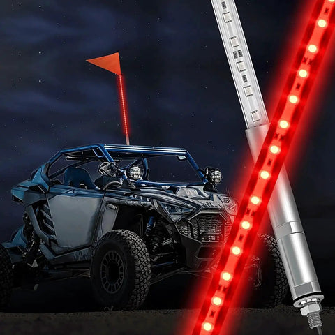 3 Foot LED Whip Light With Aluminum Base Red Color Safety Warning Pole Antenna for RZR Polaris Dune Buggy at night