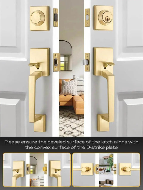 Double Front Door Handle Set With Satin Brass Exterior Lock Front Door Handle And Single Cylinder Deadbolt Heavy Duty Door Hardware