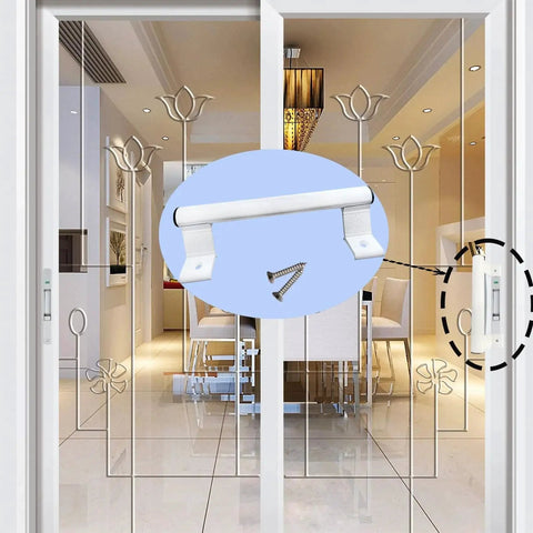 Two Pack 8 Inch Aluminum Sliding Door Handle Set In White displayed on patio sliding door with comfort grip and polished finish.