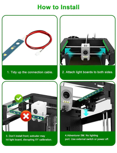 Lit 24V LED Light Kit For Adventurer 5M And 5M Pro 3D Printers with installation steps and cable, showing how to attach light boards.