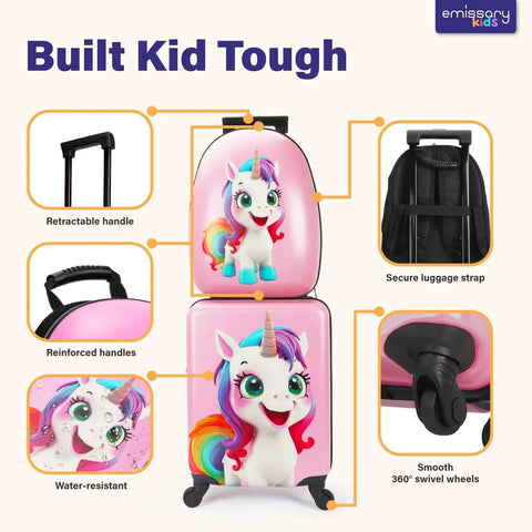 Unicorn Princess Themed Kids Luggage Set For Girls With Matching Backpack Emissary Three Piece Luggage Set showcasing handles and wheels
