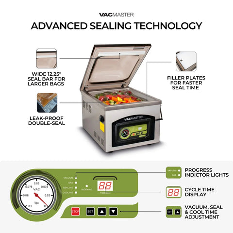Vacmaster VP230 chamber vacuum sealer, stainless steel kitchen appliance with 12.25-inch wide seal bar.