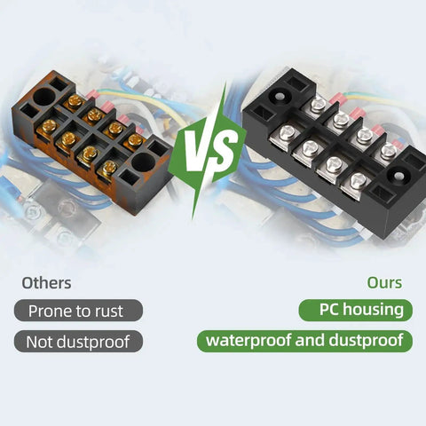 Comparison of others vs ours terminal blocks. Others prone to rust, not dustproof; ours with PC housing, waterproof, dustproof. 15A Screw Terminal Block Kit With Dual Row Covered Design For Four, Five Or Six Position Blocks 400V Pre Insulated Barrier Strips Includes Six Terminal Blocks And Six Wiring Strips For Quick Safe Wiring Durable PC Housing No Fuss Setup.