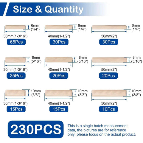 Diagram showing nine-size options in the Nine Sizes 230 Piece Wood Dowel Kit With Fluted Twill Grooved Dowel Pins.