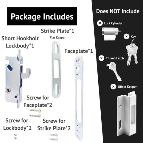 Sliding Patio Door Lock With 45 Degree Keyway And Adjustable Bolt Projection, Round End Faceplate For Glass Doors kit components