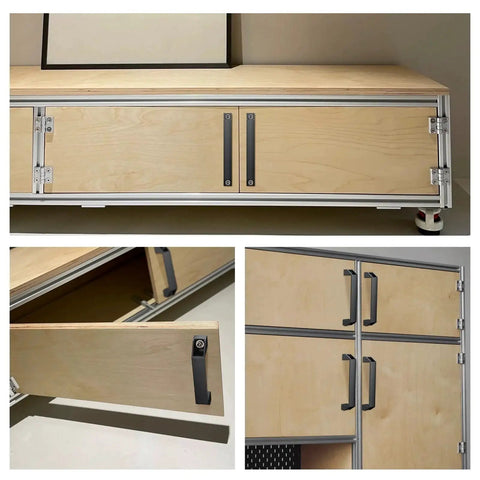 4 Pack 4040 Aluminum Rectangular Pull Handles With 180mm Hole Distance Black installed on wooden cabinets