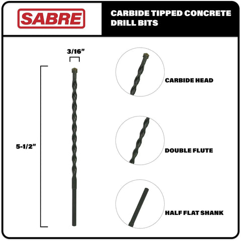 Three Sixteenth Inch Drill Bit Set Measuring Five And A Half Inches Long Ten Pack Carbide Tipped For Concrete Brick And Stone Go To Choice With Half Flat Shank For Use In Impact Drivers And Regular Drills