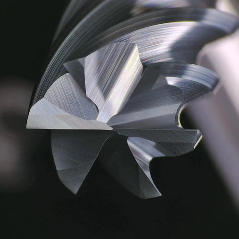 Close-up of Carbide End Mill For Finishing Machining Square Cutter Six Flute Pro Grade Tool For Cutting Alloy Steel Cast Iron