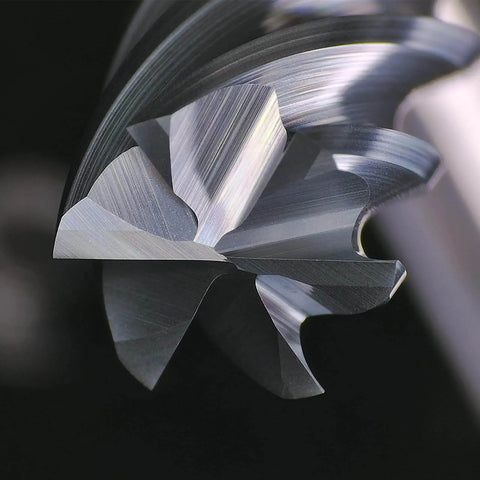 Close-up of Carbide End Mill Six Flute 3/8 Inch Shank for precision machining of alloy steel, cast iron, hardened steel, high RPM cutting