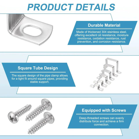 Heavy Duty 304 Stainless Steel Square Pipe Clamps 15x15mm U Shaped Connector Brackets Set Of 5 With Self Tapping Screws details