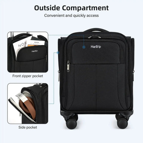 Front view of black Underseat 16 Inch Carry On Luggage With Wheels Softside Personal Item Bag showing outside compartments.