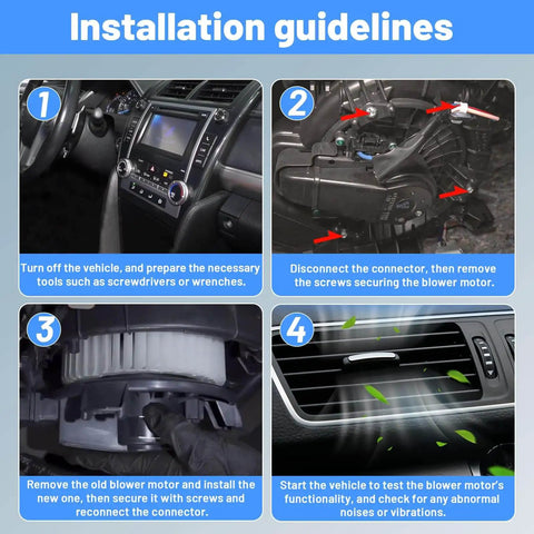 Installation guide for Brushless HVAC Heater Blower Motor For Chevy GMC Cadillac showing replacement steps in vehicle.