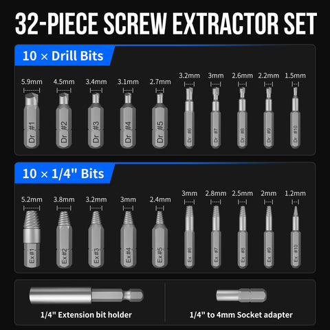 32-piece screw extractor set featuring drill bits, extension shaft, socket adapter for easy removal of rusty stripped screws and bolts.