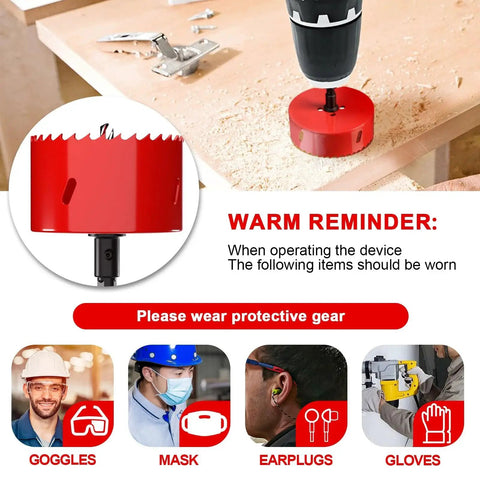 3 3/8 Inch Hole Saw For Wood And Plastic Bi Metal HSS Core Drill Bit Cutter 86mm with safety gear reminder, goggles, mask, earplugs, gloves.