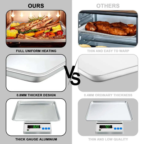 Comparison of heavy duty half sheet pans with rack set for baking and roasting, showing thick aluminum design versus thin, warp-prone pan.