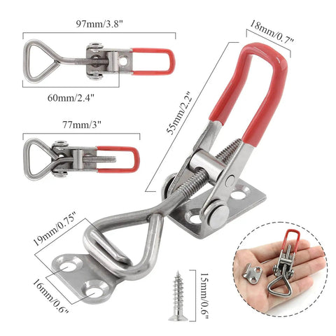 Beefy Heavy Duty Adjustable Toggle Latch Clamp 4001 Style Made From 304 Stainless Steel Quick Release Hasp Clamp With 390 Lbs Holding Capacity For Smoker Lid Jig Box Case Includes Screws with dimensions labeled.