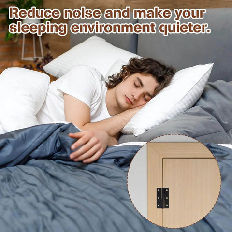 Person sleeping in bed with inset of black iron barn door hinge on wooden door frame, illustrating noise reduction feature.