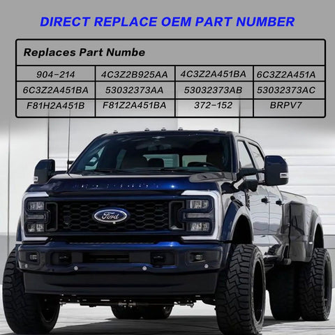 UVYMZY vacuum pump displayed on a blue Ford F-Series Super Duty pickup with an OEM part numbers chart overlay.