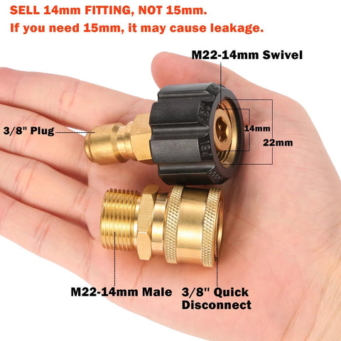 Two-piece Sanpaint M22-14mm to 3/8 inch quick-connect fittings set; brass male adapter and 3/8 disconnect