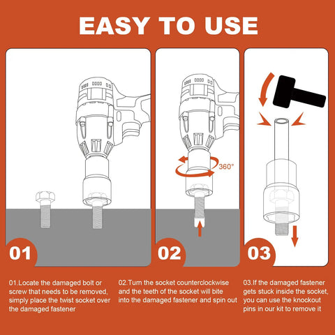 Diagram showing steps to use Lug Nut Removal Tool Kit For Damaged Frozen Rusted Nuts And Bolts, Six Piece Half Inch Drive Impact Twist Socket Set With 17mm, 19mm, 21mm And 22mm Sockets, Hex Adapter And Knockout Pin, Heavy Duty Cr-Mo Steel By YEKEPRO.