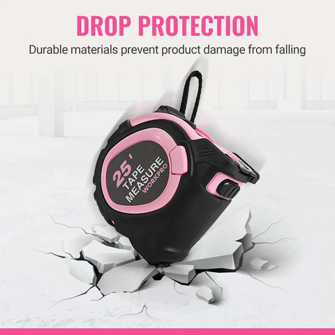 25 Foot Tape Measure With Fractions, Retractable Steel Blade, Magnetic Hook, Three Brake System, Nylon Coating in pink.