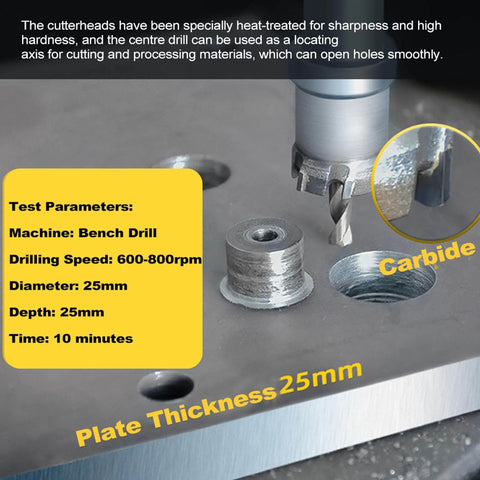 Close-up of Pro Grade Carbide Tipped Hole Saw Set for Metalworking drilling a 25mm hole in metal plate, test parameters shown.