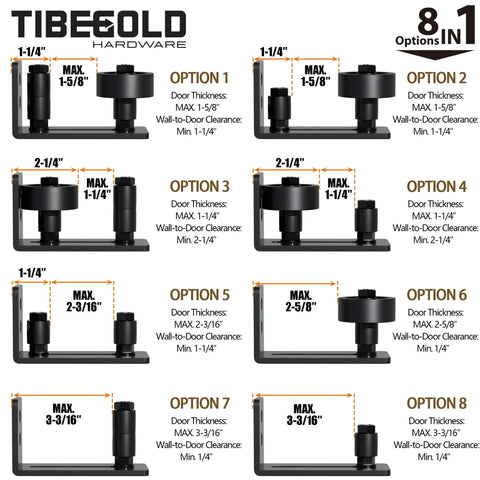 Bottom Adjustable Barn Door Floor Guide Kit With Wall Mounted Rollers 8 Setup Options diagram showing various measurements and configurations