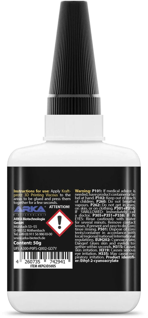 Back view of No Drip 3D Printing Gel Adhesive bottle with instructions and warning label, 50g size.