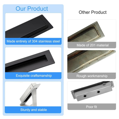 Comparison image of sliding pocket door handles set matte black 304 stainless steel non locking recessed flush finger pulls.
