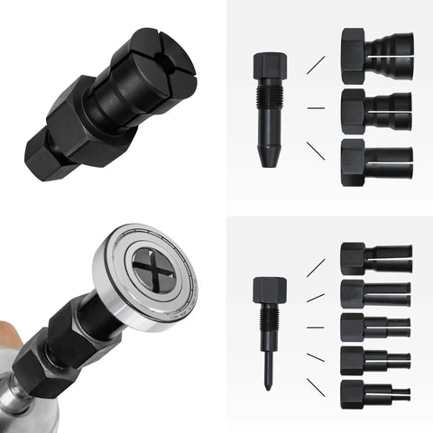 Motorcycle Bearing Puller Kit with Blind Puller and Slide Hammer Set showing components and collet dimensions