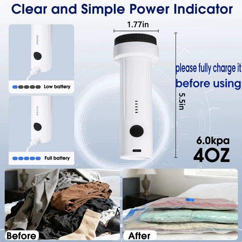 Portable Cordless Vacuum Pump For Storage Bags With 6.0 KPa Power USB Rechargeable Travel Air Sealer, product dimensions displayed