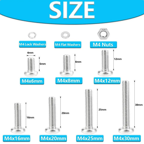 Stainless Steel M4 Phillips Pan Head Machine Screw Set, 370 Pieces, 7 Sizes From 6mm To 30mm With Nuts, Flat Washers, And Lock Washers