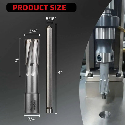 Heavy Duty TCT Annular Cutter Weldon Shank Three Quarters Inch Diameter And Two Inch Cutting Depth Tungsten Carbide Tipped For Fast Cutting In Magnetic Drill Presses Kit Includes Five Sixteenth Inch By Four Inch Pilot Pin Angelsword showing product size and application.