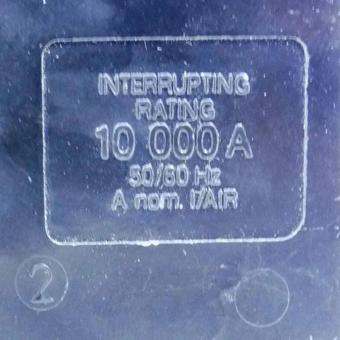 Close-up of 10,000A interrupting rating on Beefy 100 Amp 3 Pole 240V 3-Phase Bolt-On Circuit Breaker, Black Finish, Model QOB3100.