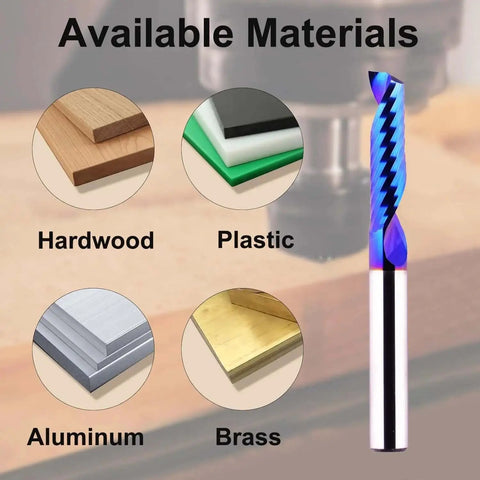 O Flute Single Flute CNC Router Bit With One Quarter Inch Shank And One Quarter Inch Cutting Diameter, Spiral End Mill for Aluminum, Acrylic, PVC, MDF and Plastic, Solid Carbide With Nano Blue Coating For Thermal Stability And Long Life Built Tough next to images of hardwood, plastic, aluminum, and brass materials.