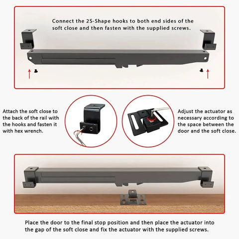 Installation steps for Hole-Free Barn Door Soft Close Mechanism, Upgraded Sliding Door Hardware With Spring Buffer Damper shown.
