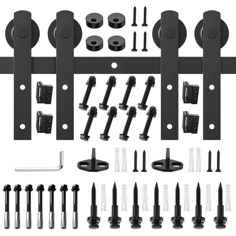 12 Foot Heavy Duty Sliding Barn Door Hardware Kit For Double Doors With Slick Quiet Glide Easy To Install And Reusable Fits Doors One And Three Eighths Inches Thick To One And Three Quarters Inches Thick Thirty Six Inches Wide Black I Shape components