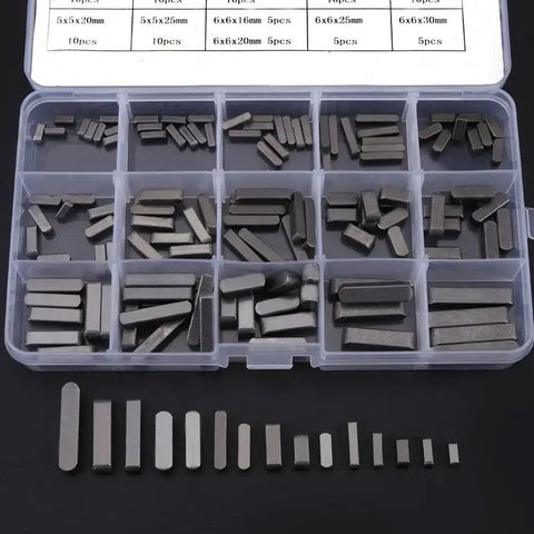 Round Ended Feather Keys Set 140 Piece for Keyways and Fasteners, showing various sizes in a compartmentalized box.
