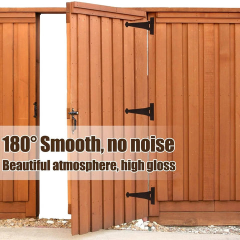 Open wooden gate with Two Pack 15 Inch Heavy Duty T Shape Strap Hinges With Screws Black Wrought Iron Spade Tip for shed.