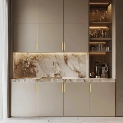 Modern kitchen with Solid 10 Pack 5 Inch Square Cabinet Handles in Champagne Bronze Finish on sleek cabinets below marble backsplash.