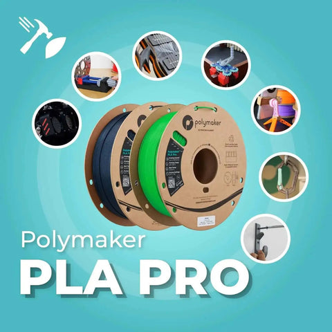 Premium PLA Pro 3D Printing Filament 1.75mm Black 1kg spools with Polymaker label on teal background