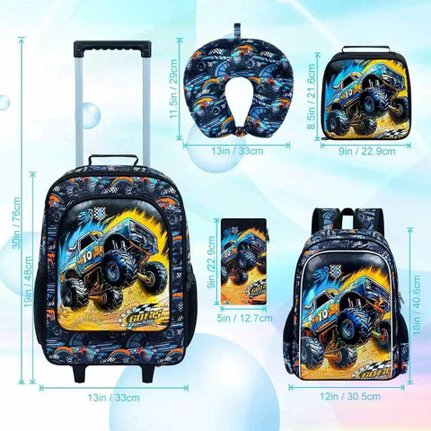 Five Piece Kids Suitcase Set For Boys 18 Inch Truck Themed Carry On Luggage With Wheels Cool Car Design Black UV Print